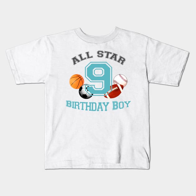 Sports theme birthday 9 Kids T-Shirt by LND4design